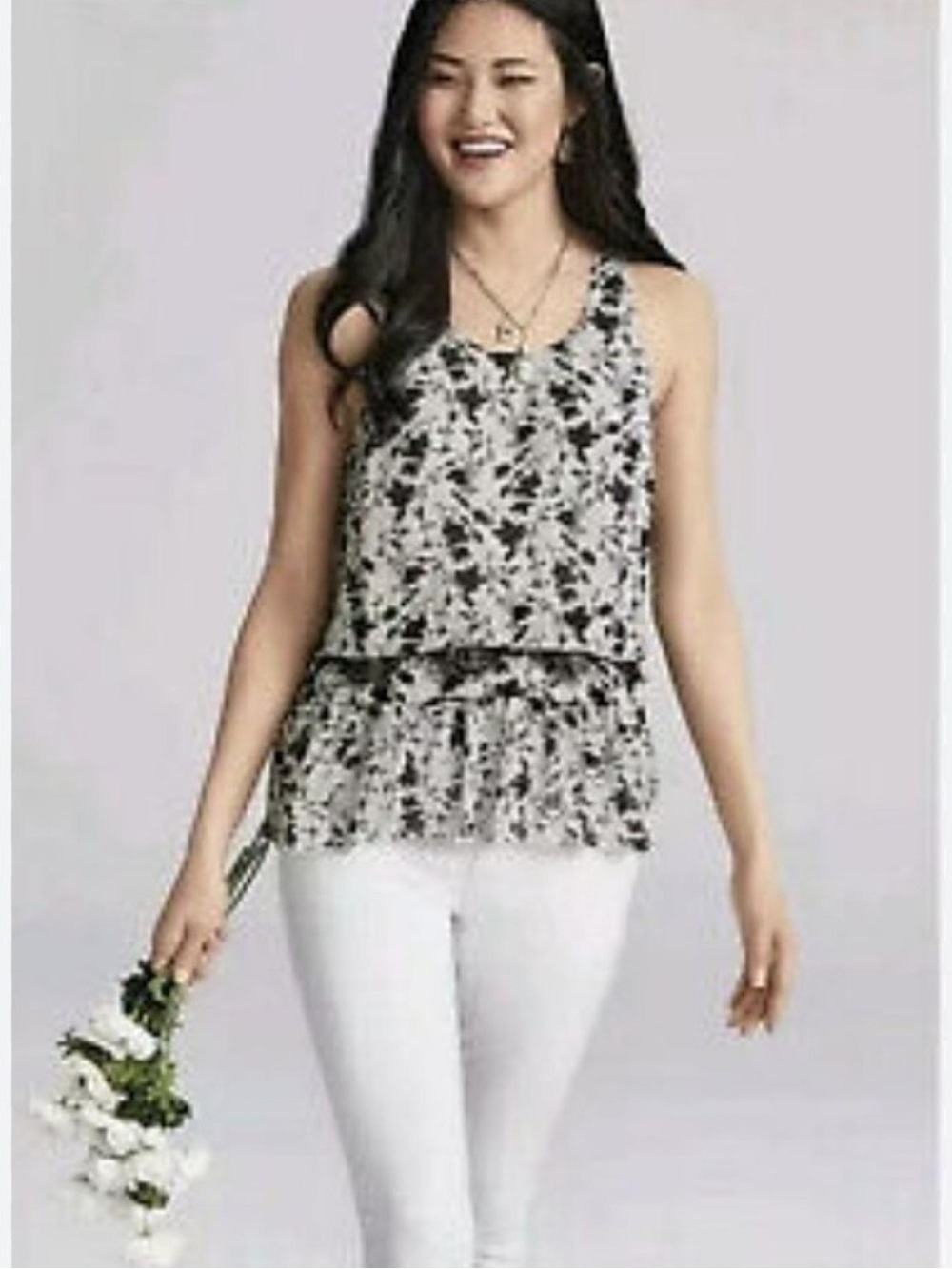 Cabi Everything Top Sheer Floral Ruffle Him, Sleeveless Blouse Shirt Womens S